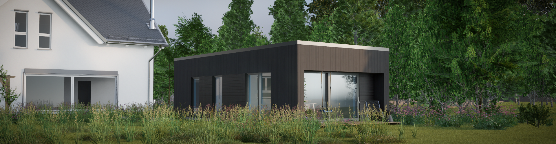 Airigh 3A architectural visualisation of a permanent timber home in a garden